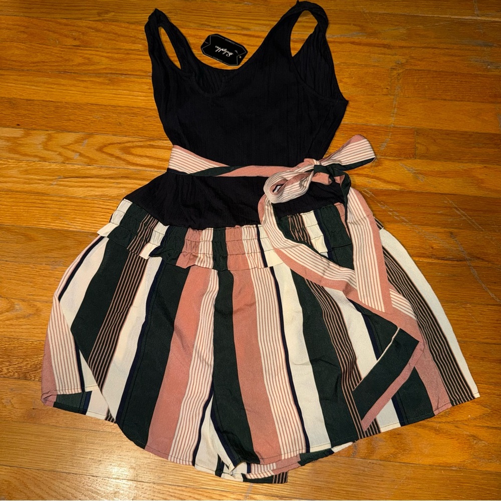 Zara Black Top with Pink and Black Striped Shorts Jumpsuit